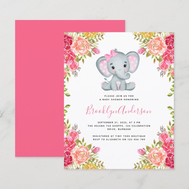BUDGET Floral Elephant Girl Baby Shower Invitation (Front/Back)