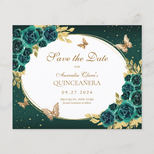 BUDGET Floral Emerald Gold Butterfly Quinceañera (Front)