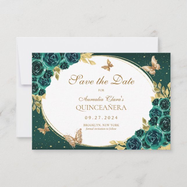 BUDGET Floral Emerald Gold Butterfly Quinceañera Card (Front)