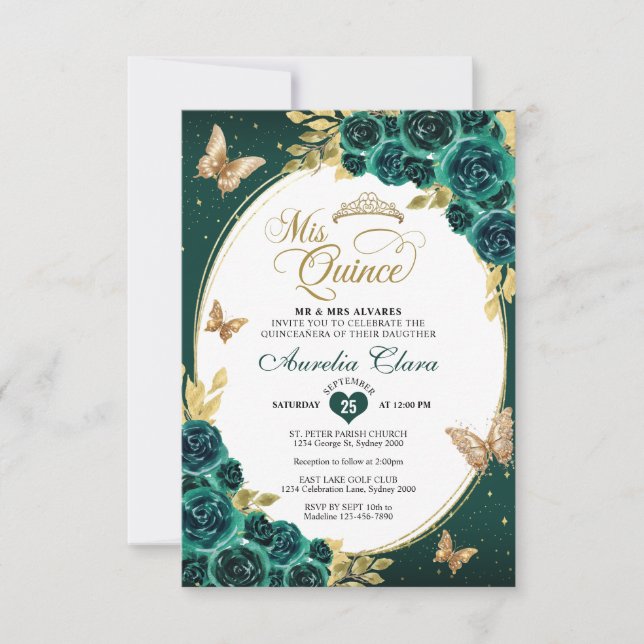BUDGET Floral Emerald Gold Butterfly Quinceañera Card (Front)