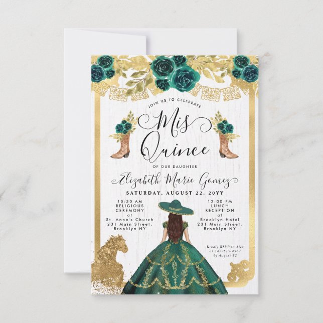 Budget Floral Emerald Green Charra Quinceanera Card (Front)