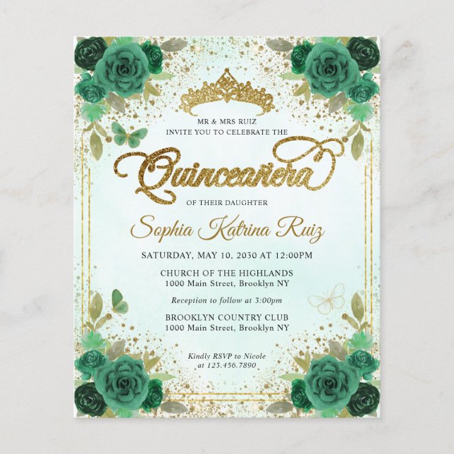 Budget Floral Emerald Green Glam Gold Quinceañera (Front)