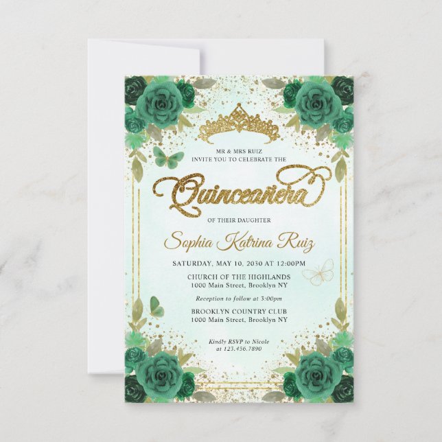Budget Floral Emerald Green Glam Gold Quinceañera Card (Front)