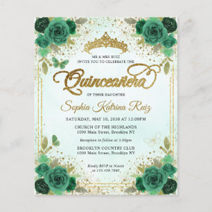 Budget Floral Emerald Green Glam Gold Quinceañera Flyer