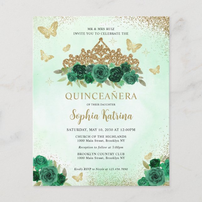 Budget Floral Emerald Green Gold Tiara Quinceañera (Front)