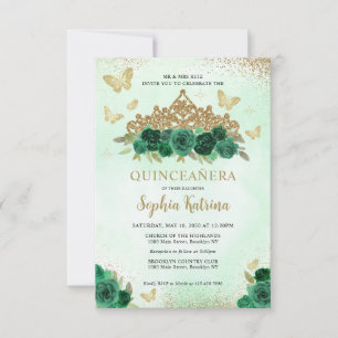Budget Floral Emerald Green Gold Tiara Quinceañera Card