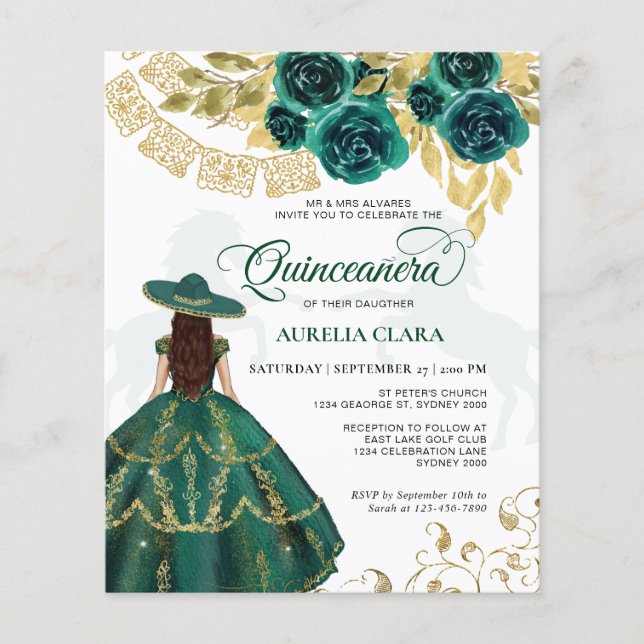 Budget Floral Emerald Green Horse Quinceañera (Front)