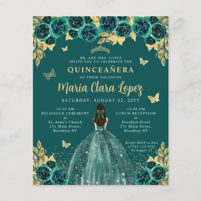 Budget Floral Emerald Green Princess Quinceanera (Front)