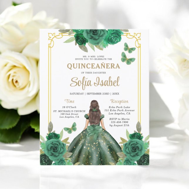 Budget Floral Emerald Green Quinceanera Invitation Flyer (Creator Uploaded)