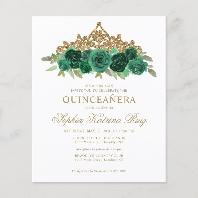 Budget Floral Emerald Green Tiara Quinceañera (Front)