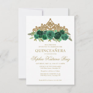 Budget Floral Emerald Green Tiara Quinceañera Card