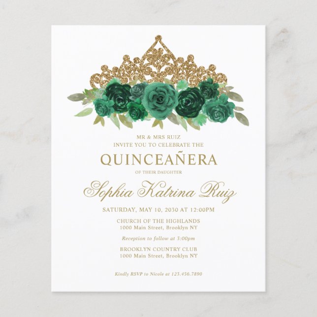 Budget Floral Emerald Green Tiara Quinceañera Flyer (Front)