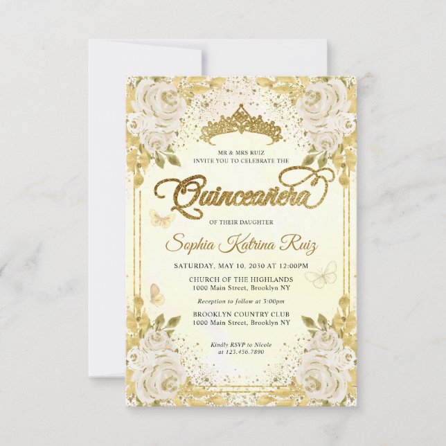 Budget Floral Faux Gold Glitter Crown Quinceañera Card (Front)
