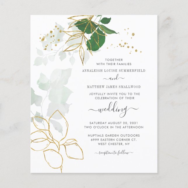 Budget Floral Faux Gold Glitter Wedding Invitation (Front)