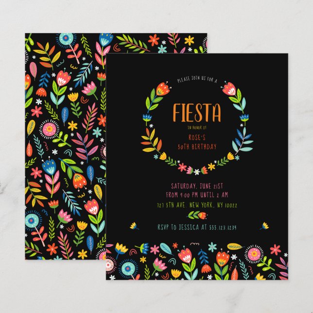 Budget Floral Fiesta Birthday Invitations (Front/Back)