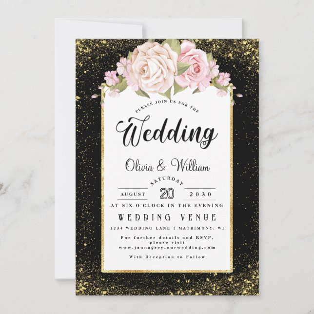 Budget Floral Foil Glitter Gold Dusty Rose Wedding Invitation (Front)