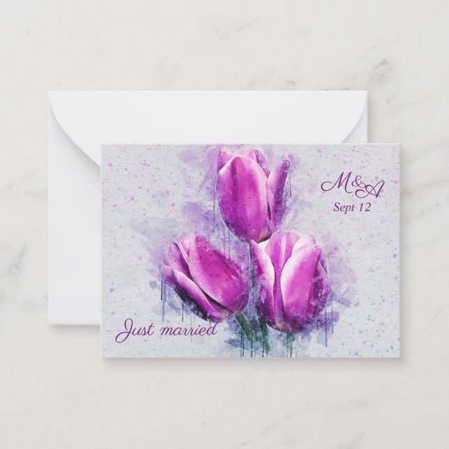 Budget. Floral, fuchsia tulips Just Married Card (Front)