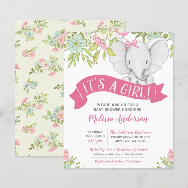 Budget Floral Girl Elephant Baby Shower (Front/Back)