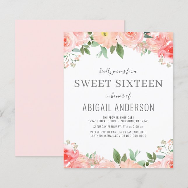 Budget Floral Girly Sweet 16 Birthday Invitation (Front/Back)