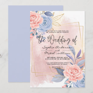 Budget Floral Gold Blue & Pink Brush wedding  Invi Invitation