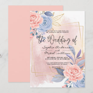 Budget Floral Gold Blue & Pink Brush wedding  Invitation