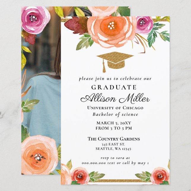 Budget Floral Gold Photo Graduation Invitation (Front/Back)