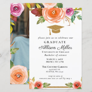 Budget Floral Gold Photo Graduation Invitation