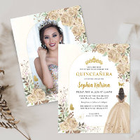 Budget Floral Gold Princess Photo Quinceañera