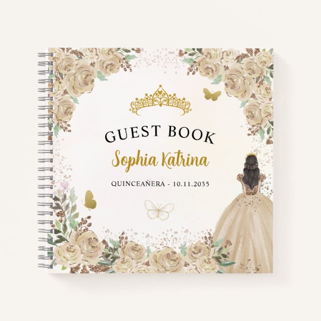 Budget Floral Gold Princess Quinceanera Guestbook Notebook (Front)
