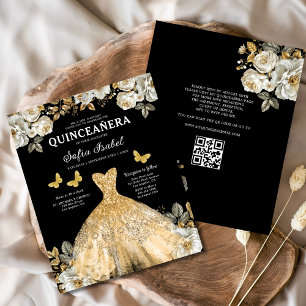 Budget Floral Gold QR Code Princess Quinceanera Flyer