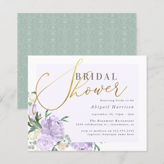 Budget Floral Gold Script Lavender Bridal Shower (Front/Back)
