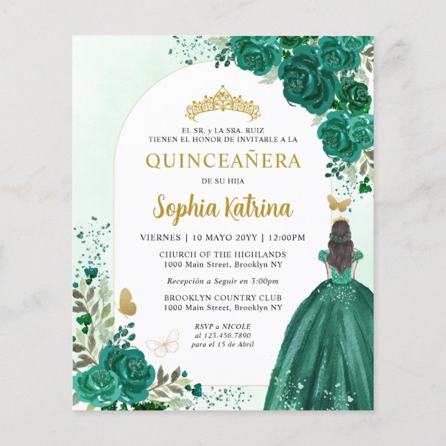 Budget Floral Green BILINGUAL Spanish Quinceanera (Back)