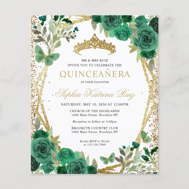 Budget Floral Green Gold Tiara Quinceañera Invite (Front)
