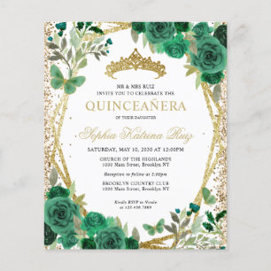 Budget Floral Green Gold Tiara Quinceañera Invite