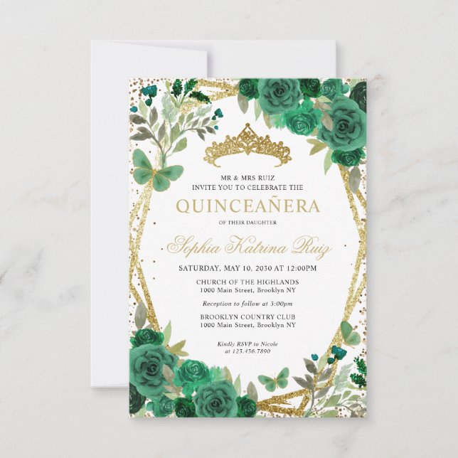 Budget Floral Green Gold Tiara Quinceañera Invite (Front)