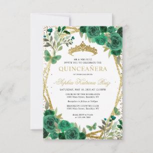 Budget Floral Green Gold Tiara Quinceañera Invite