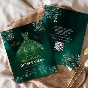 Budget Floral Green Gown Dress QR Code Quinceanera Flyer