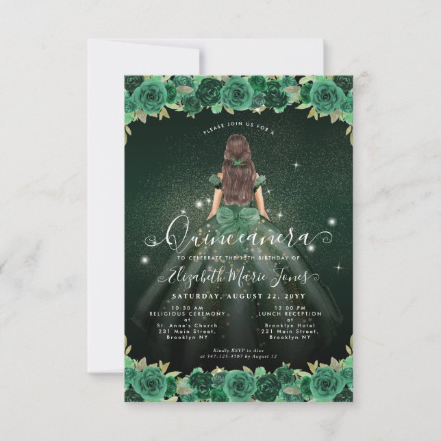 Budget Floral Green Princess Birthday Quinceanera Card (Front)