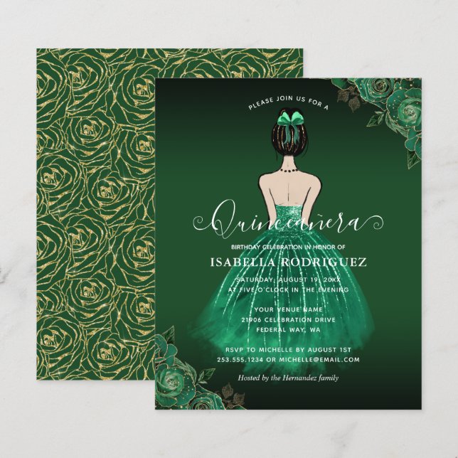 Budget Floral Green Princess Gold Quinceañera (Front/Back)