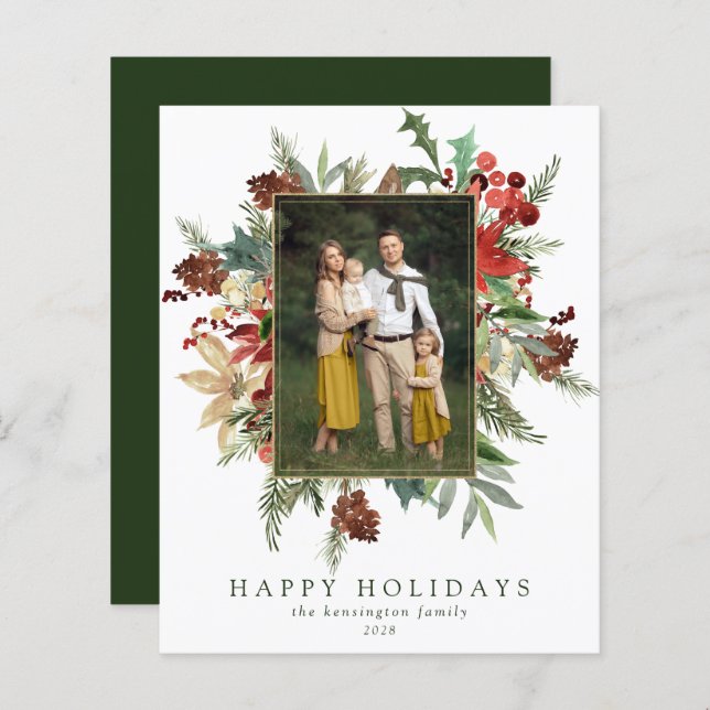 Budget Floral Happy Holidays Christmas Photo Card (Front/Back)