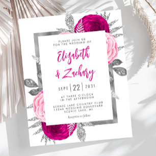 Budget Floral Hot Pink Silver Wedding Invite
