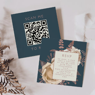 Budget Floral Ivory Rose Gold Teal QR Code RSVP Enclosure Card