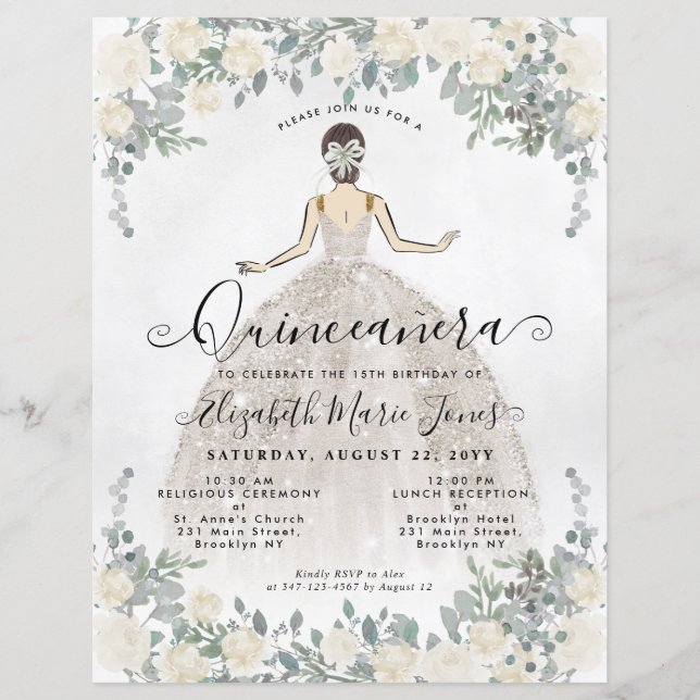 Budget Floral Ivory White Princess Quinceanera (Front)