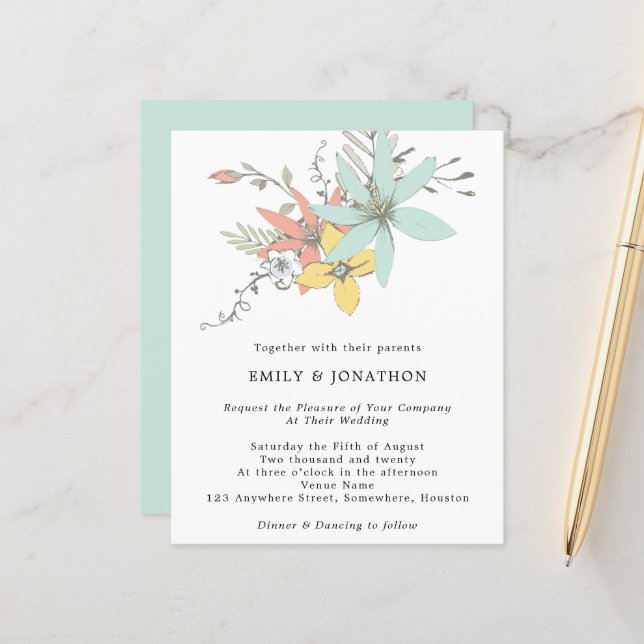 Budget Floral Leaves Coral Teal Wedding Invitation (Front/Back In Situ)