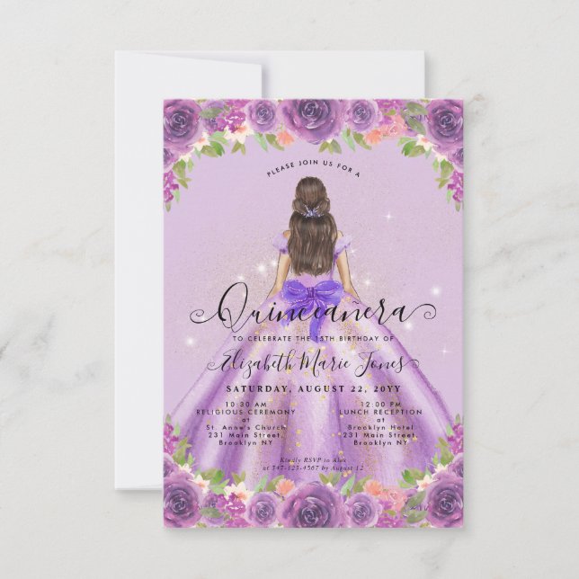 Budget Floral Light Purple Princess Quinceanera Card (Front)