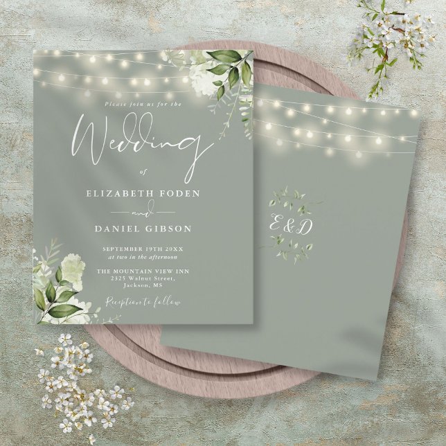 Budget Floral Lights Sage Green Wedding Invitation (Budget Floral Lights Sage Green Wedding Invitation)
