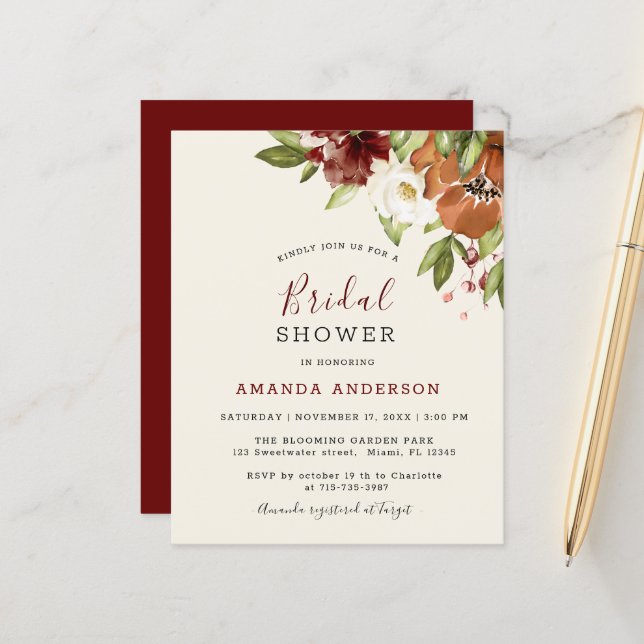 Budget Floral Maroon Bridal Shower Invitation  (Front/Back In Situ)