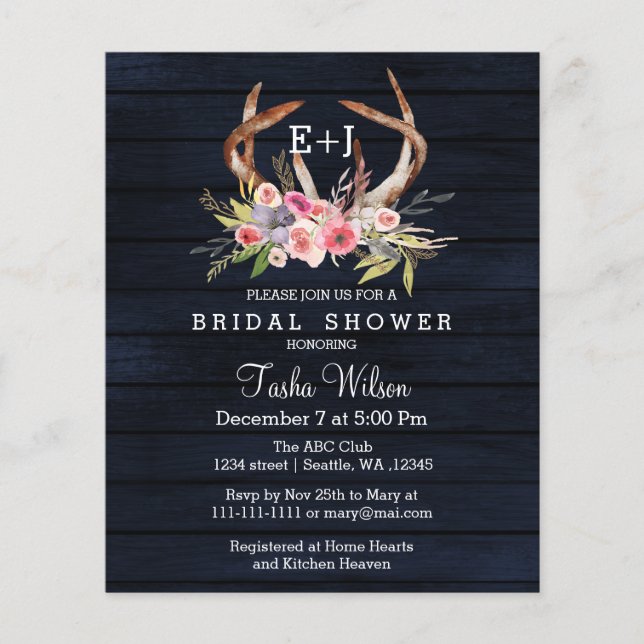 Budget Floral Navy Antler Bridal Shower Invitation (Front)