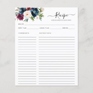 Budget Floral Navy Blue Burgundy Kitchen Recipe Flyer