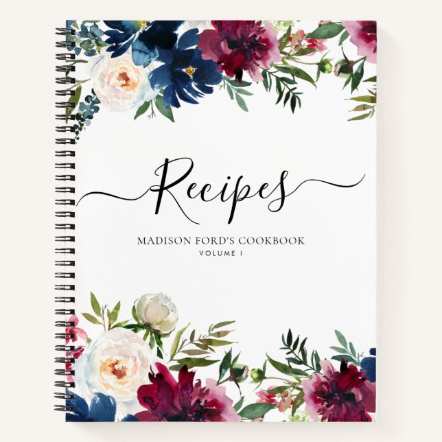 Budget Floral Navy Blue Burgundy Watercolor Recipe Notebook (Front)